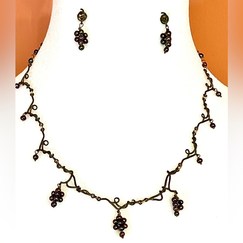 Michael Michaud Handcrafted Bronze Botanical Grape Vine Necklace & Earring Set